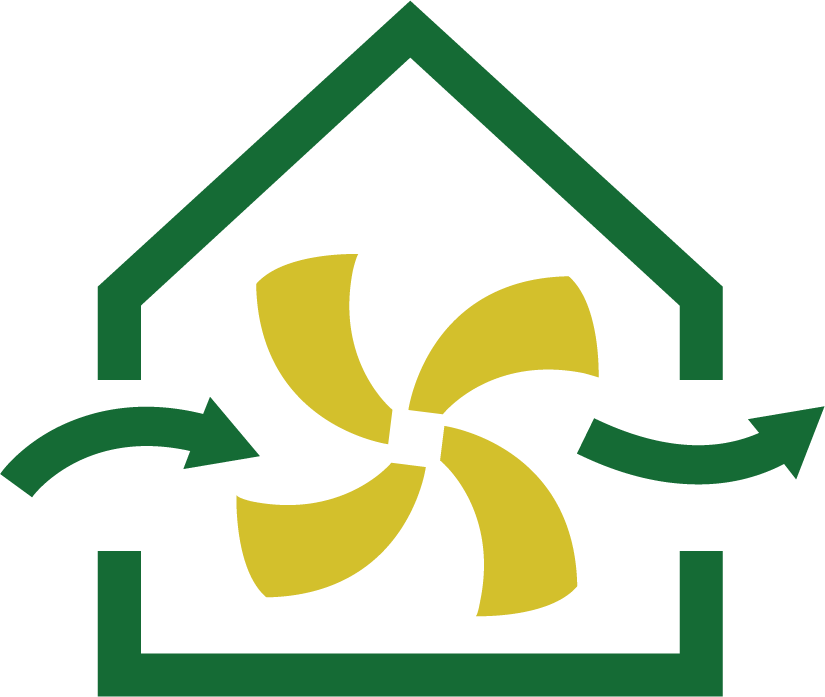 Icon of a  house with a large fan showing air coming in and going out